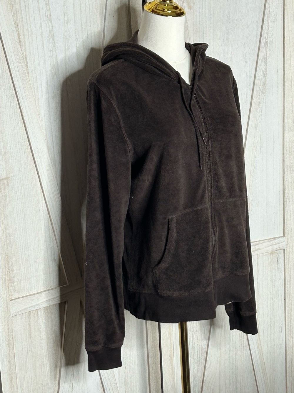 Tommy Hilfiger Chocolate Brown Y2K Velour Zip-Up Hoodie Jacket Sz L Athleisure - Picture 3 of 8